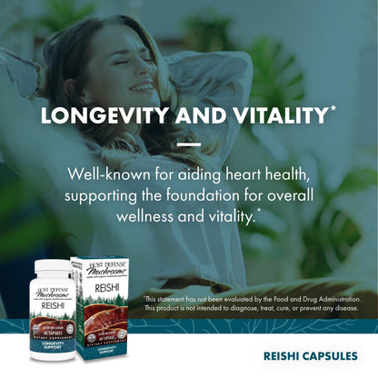 Host Defense Reishi Capsules – Immune & Heart Health Support, Energy & Vitality – 60 Capsules (30 Servings)