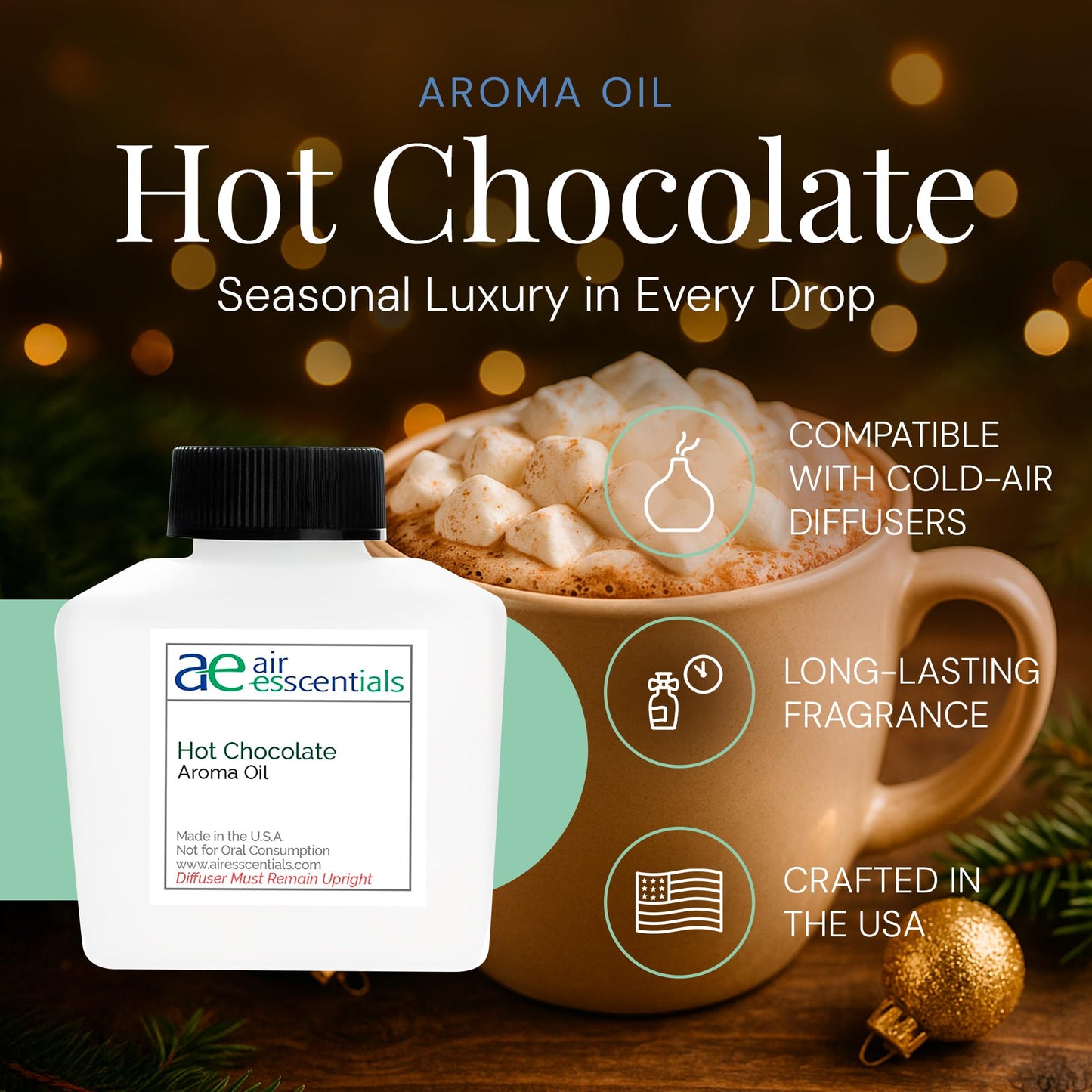 Hot Chocolate Aroma Oil - Holiday Essential Oil Blend for Diffusers & Scent Machines, 100mL