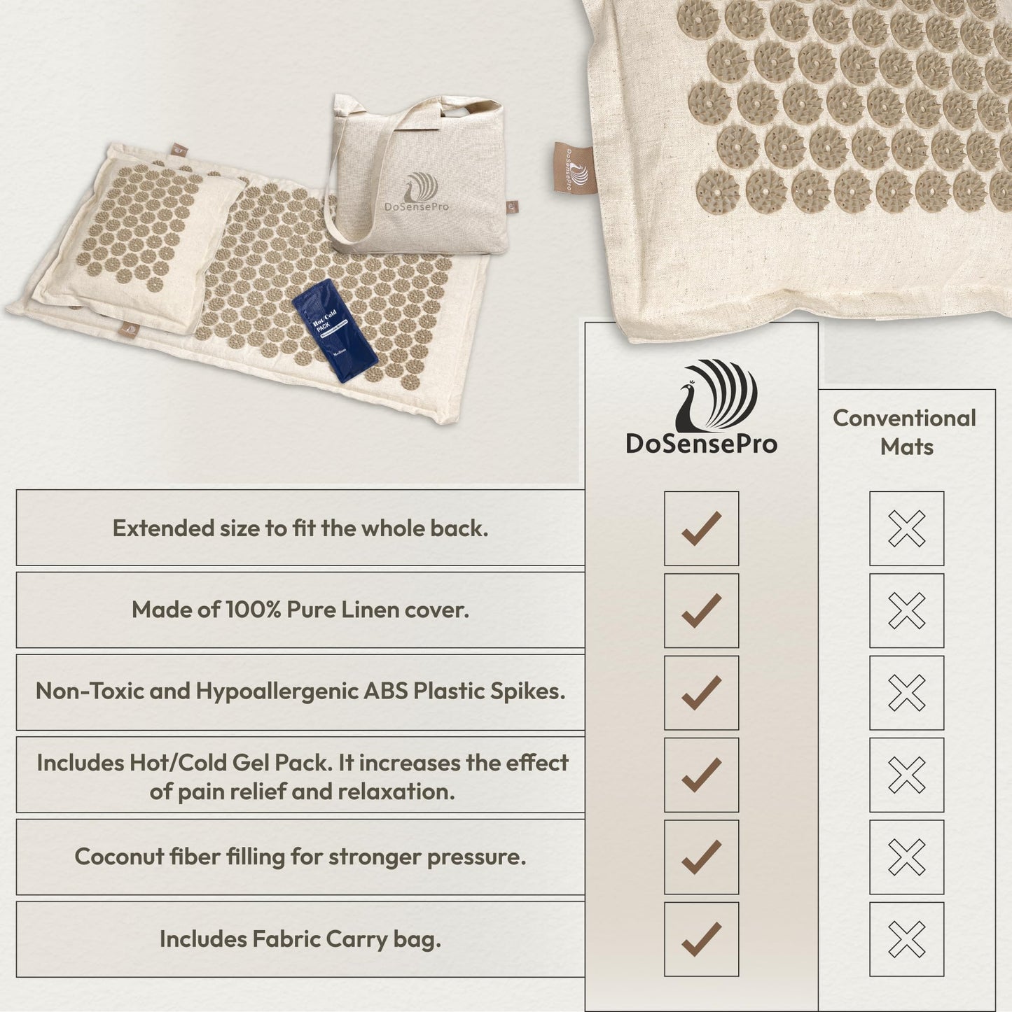 Acupressure Mat & Pillow Set – Back Pain Relief, Sleep Aid, Recovery (Natural Linen)