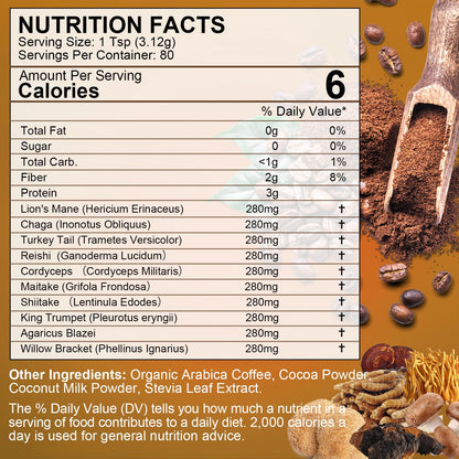 250g Mushroom Coffee - Lion's Mane, Reishi, Cordyceps & 10-Mushroom Power Blend | Low-Caffeine Brain Booster