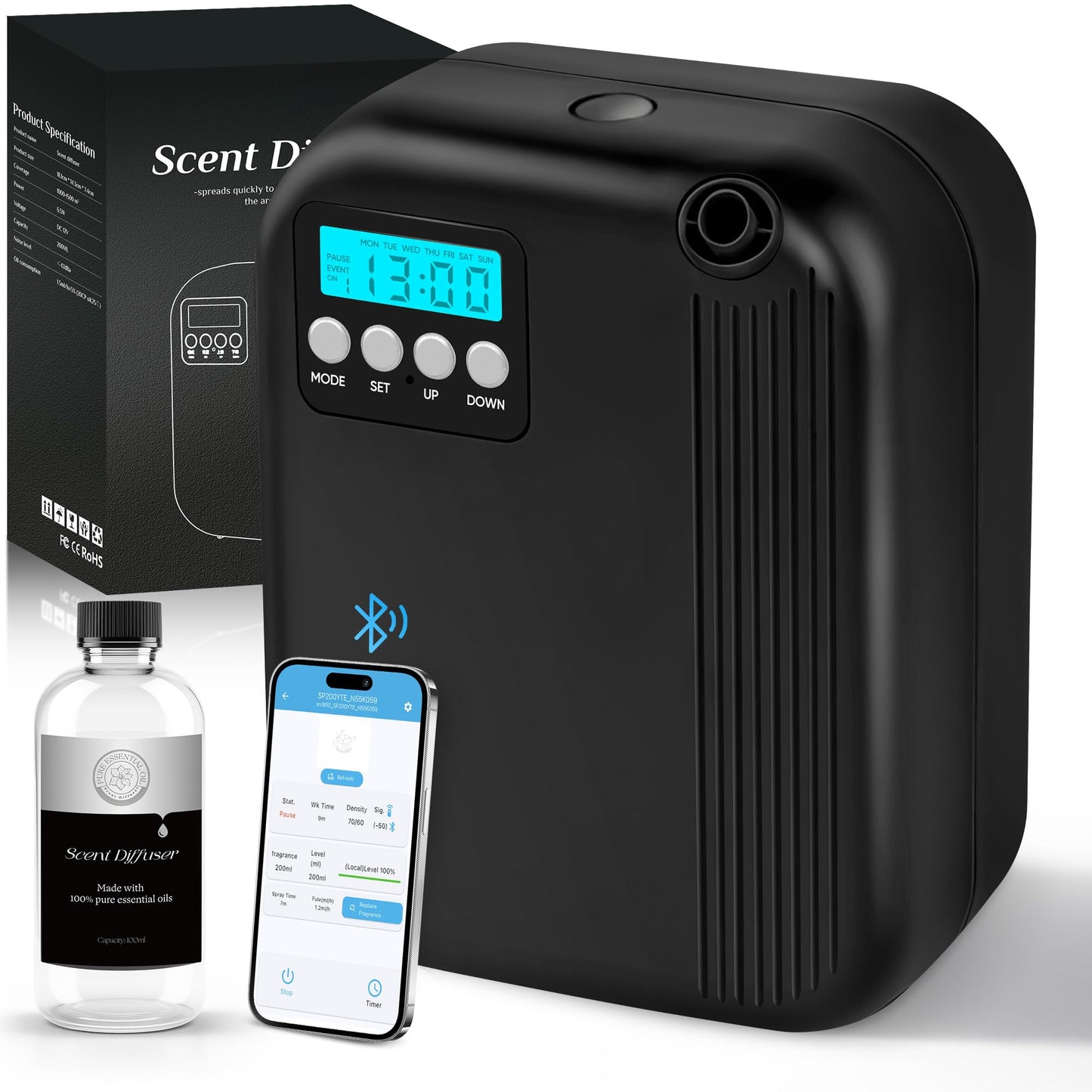 Hotel Collection Diffuser, House Scent Machine, 3000 Sq.Ft Coverage, 200ml Large Capacity Aromatherapy Machine, Scent Diffusers for Home Large Room, Office Waterless Essential Oil Diffuser, Black