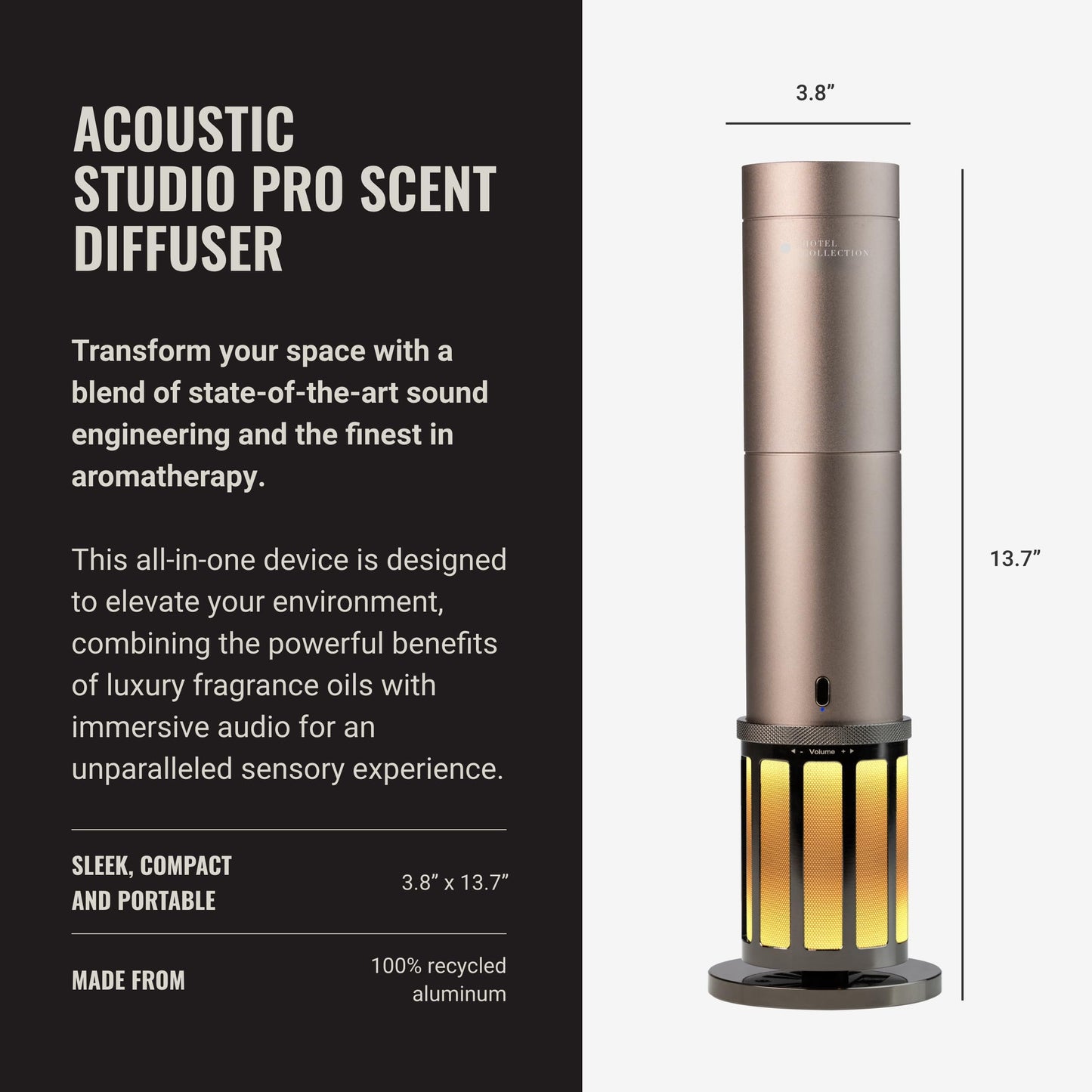 Hotel Collection Acoustic Studio Pro Scent Diffuser — 600 Sq Ft Coverage, Cold-Air Diffusion, Built-In Speaker (Champagne)