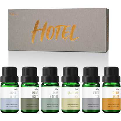 Hotel Fragrance Oils by MitFlor – 6x10ml Diffuser Oils: Lemon & Thyme, Luxury Night, White Tea