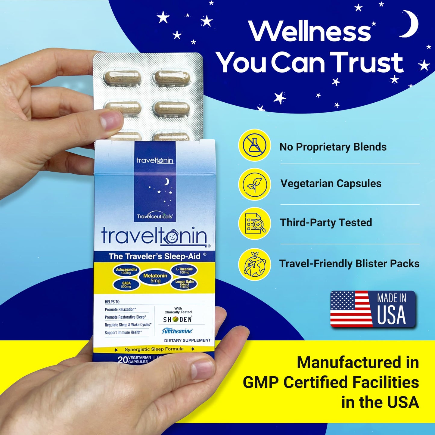 Travel Sleep Aid - Jet Lag Relief, Restorative Sleep & Immune Support | 5-in-1 Melatonin, Ashwagandha, L-Theanine, GABA, Lemon Balm | 20 Capsules