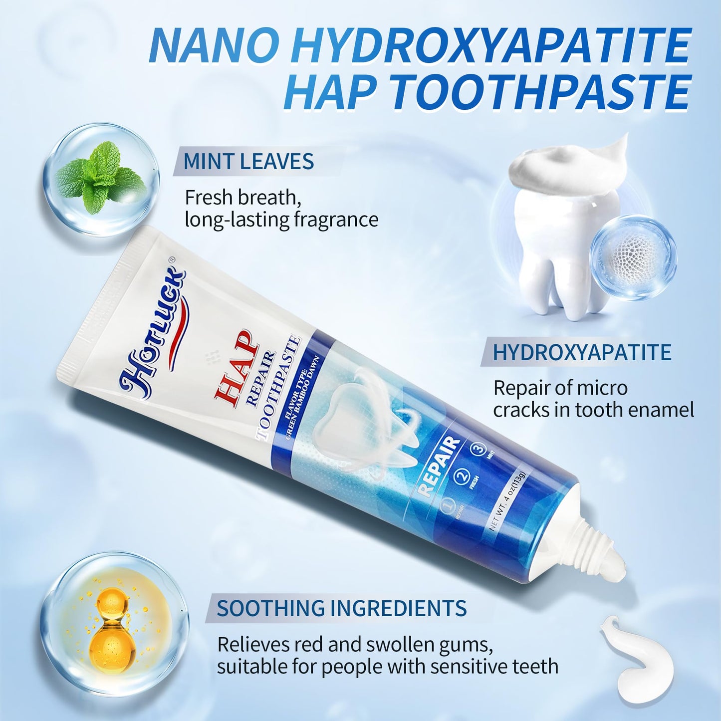 Hotluck HAP Fluoride-Free Toothpaste – Nano-Hydroxyapatite, Enamel Repair & Whitening, Fresh Breath, Natural Mint, 4oz (Pack of 1)