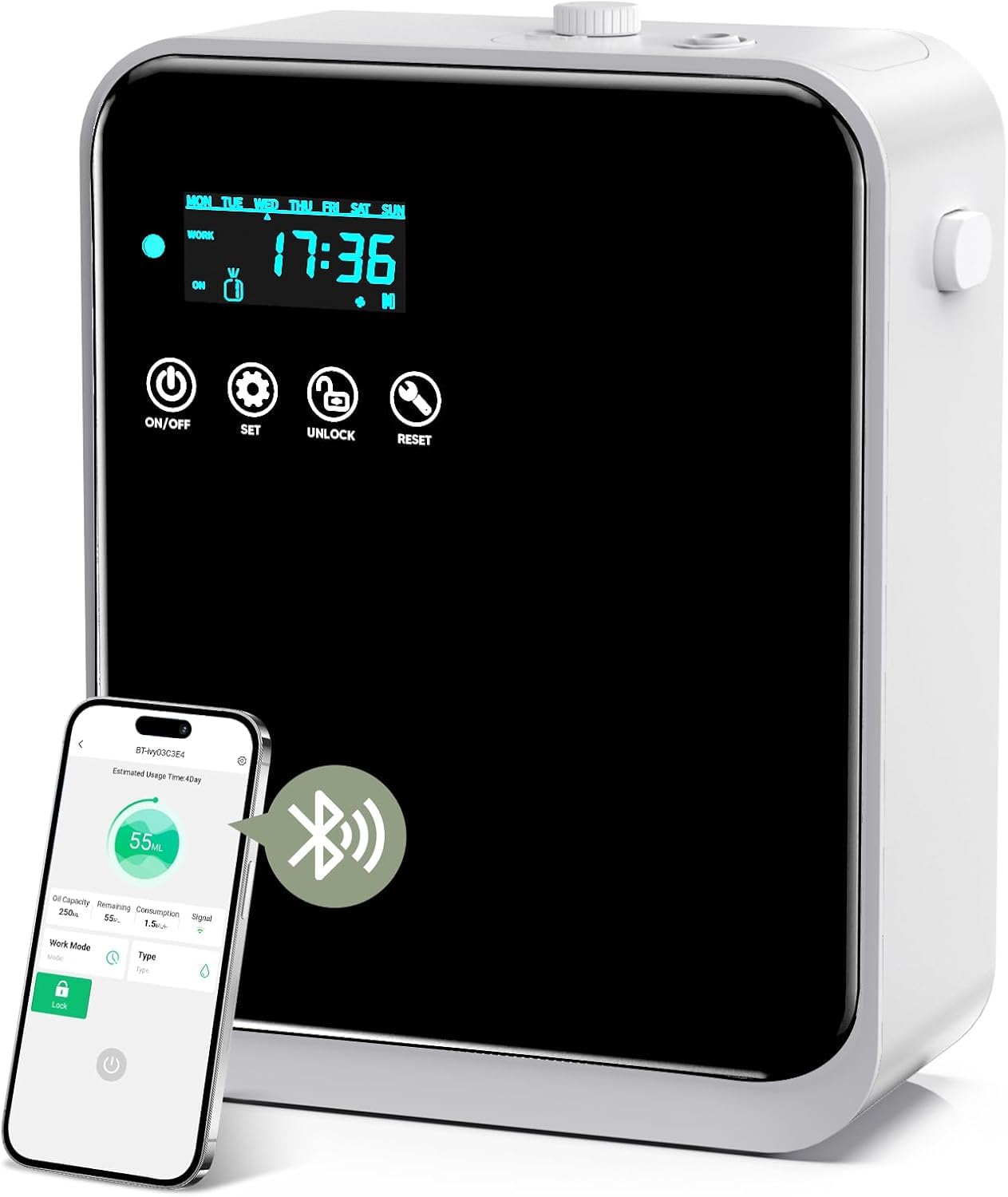 HOTOIQ Waterless Essential Oil Diffuser – Large Room Coverage up to 1500 sq ft, 240ml, Wall-Mount, Smart App