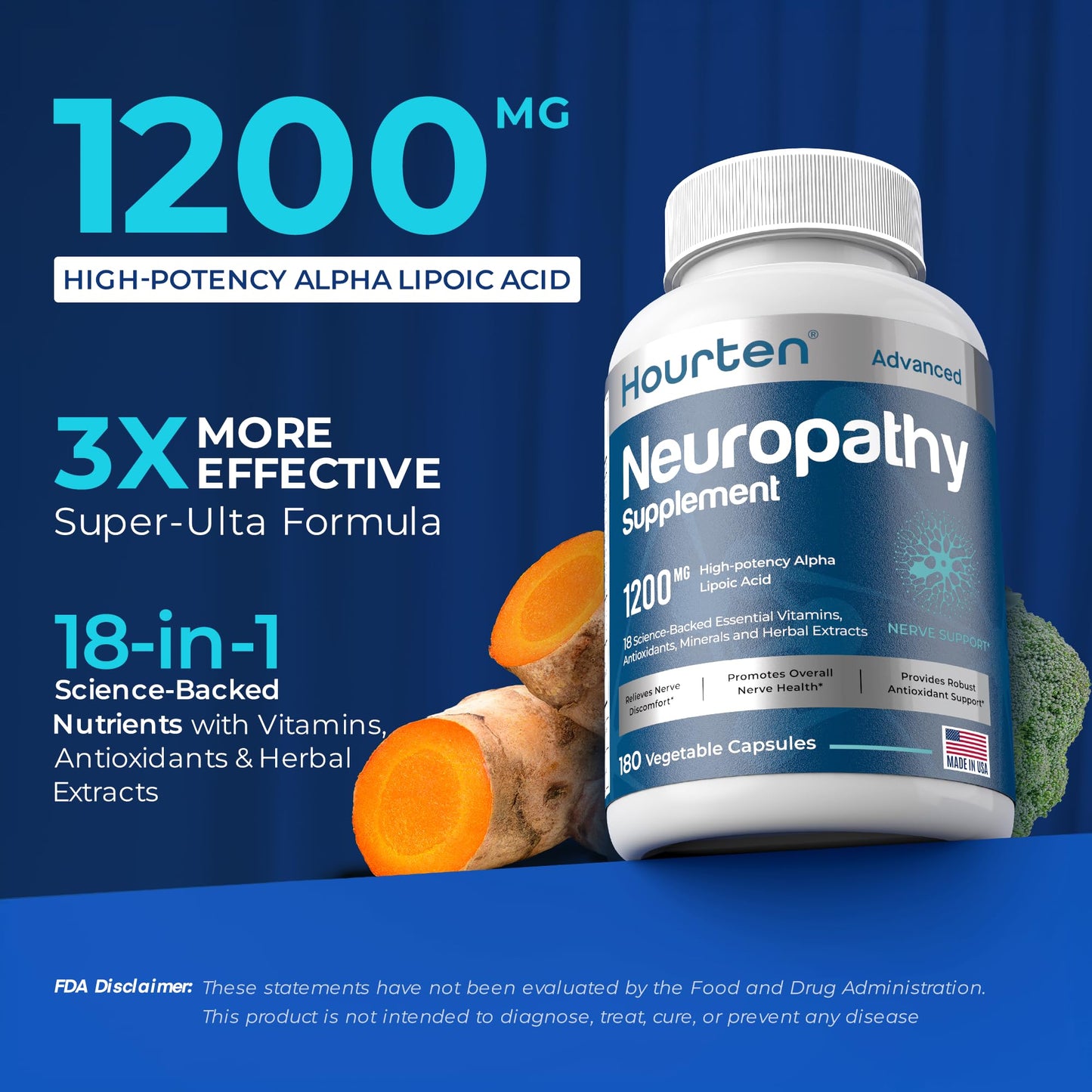 Hourten Neuropathy & Sciatica Support - 180 Capsules, 1200mg Alpha Lipoic Acid, 18-in-1 Formula