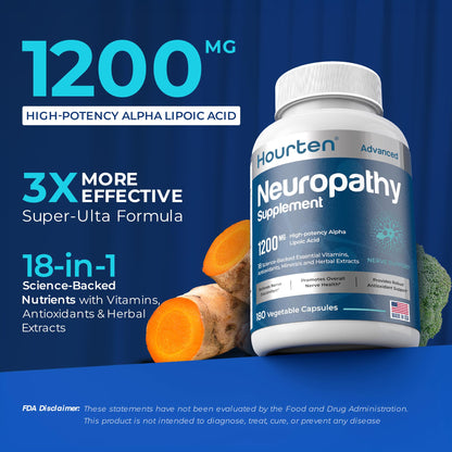Hourten Neuropathy & Sciatica Support - 180 Capsules, 1200mg Alpha Lipoic Acid, 18-in-1 Formula