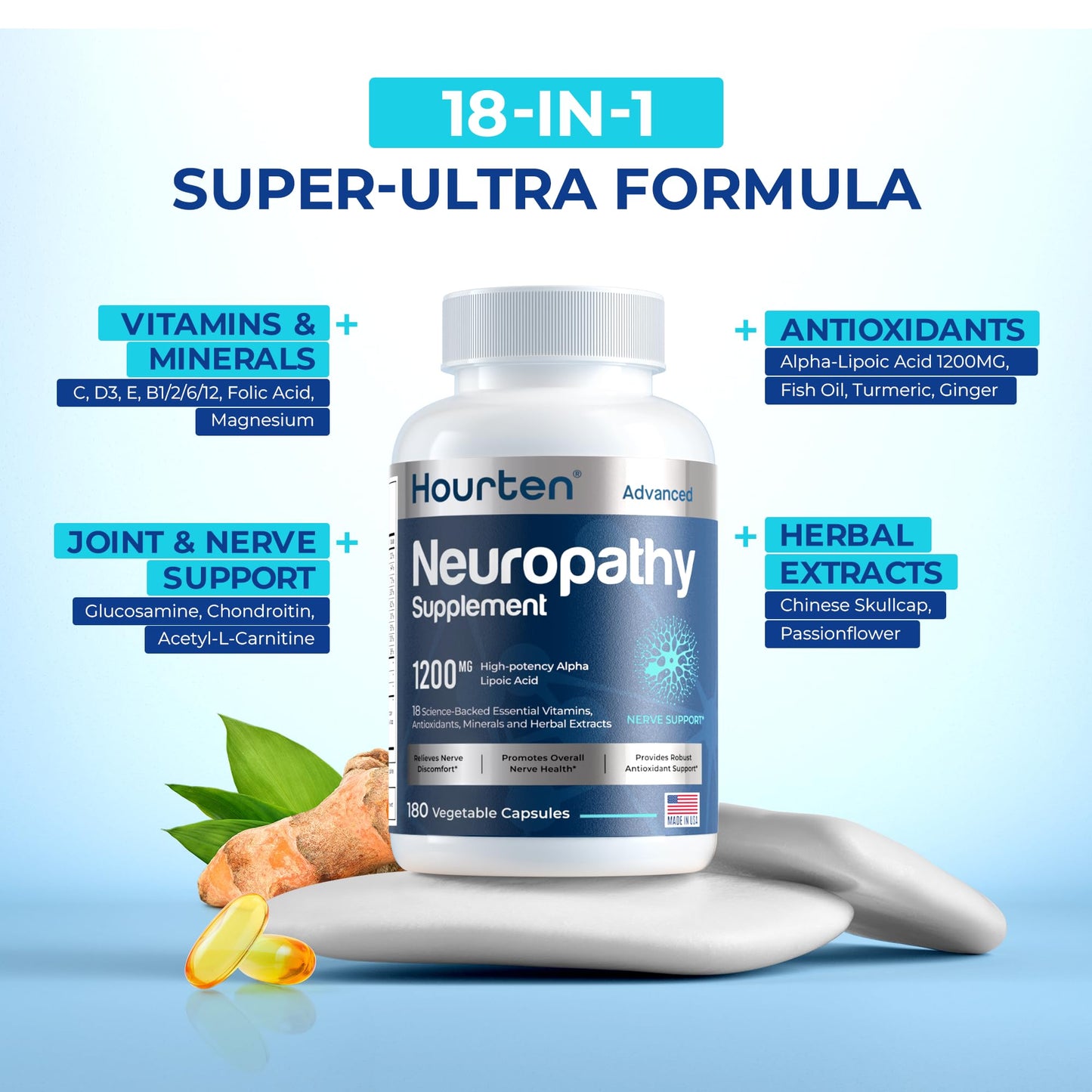 Hourten Neuropathy & Sciatica Support - 180 Capsules, 1200mg Alpha Lipoic Acid, 18-in-1 Formula