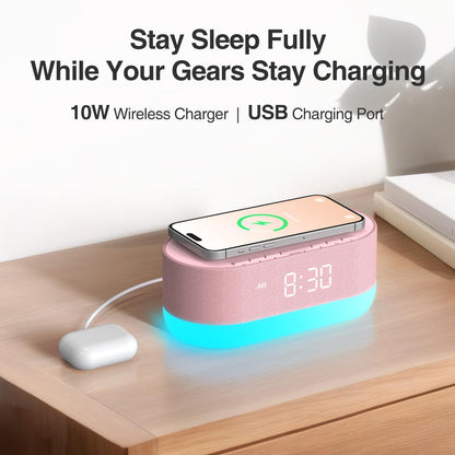 HOUSBAY Sound Machine with Alarm Clock — Dual HiFi Speakers, 21 Sounds, 10W Wireless Charger