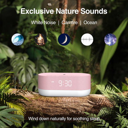 HOUSBAY Sound Machine with Alarm Clock — Dual HiFi Speakers, 21 Sounds, 10W Wireless Charger