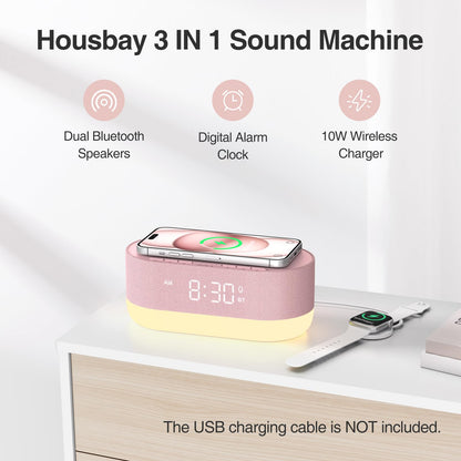HOUSBAY Sound Machine with Alarm Clock — Dual HiFi Speakers, 21 Sounds, 10W Wireless Charger