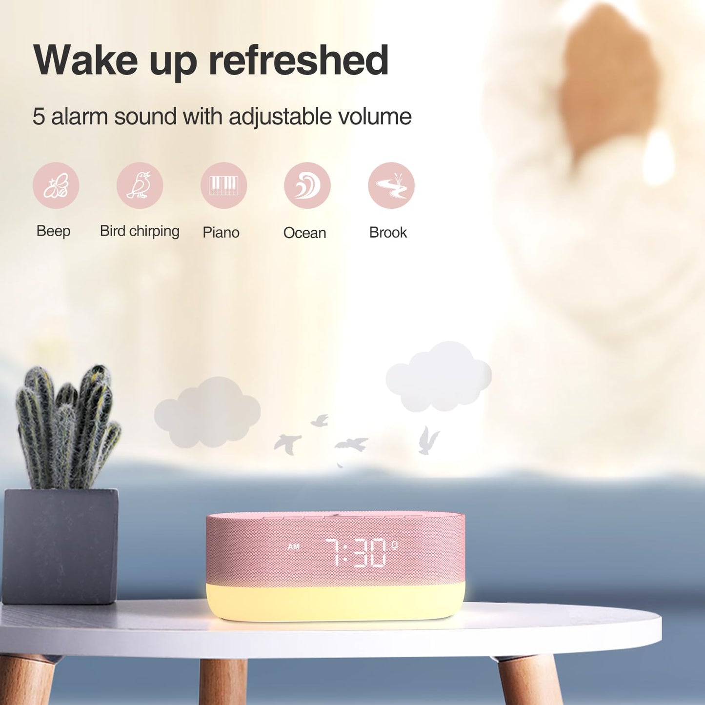 HOUSBAY Sound Machine with Alarm Clock — Dual HiFi Speakers, 21 Sounds, 10W Wireless Charger