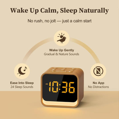 HOUSBAY Wooden Sound Machine Alarm Clock — Gentle Wake, Birdsongs & White Noise for Sleep