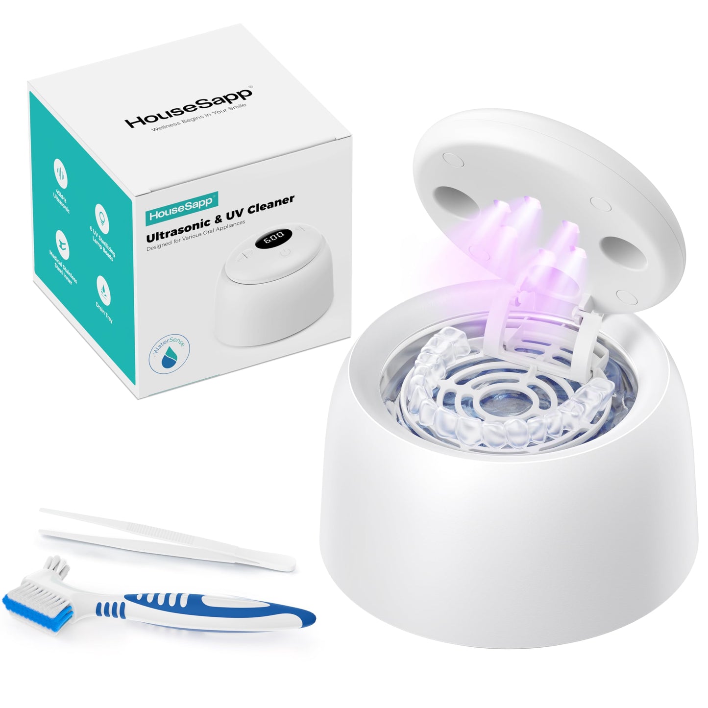 HouseSapp Ultrasonic Retainer Cleaner – 45kHz, 6-Lamp UV, Auto Lift Tray