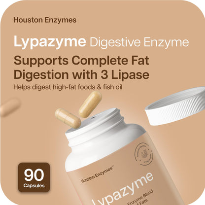 Houston Enzymes – Lypazyme Lipase Digestive Enzymes for Women and Men –120 Capsules – 3 Enzyme Blend for Complete Breakdown of Triglyceride Fats, Enzyme for Digestion of High-Fat Meals & Fish Oil