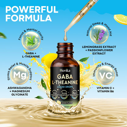 Hovika 2 Pack GABA L-Theanine Drops – Liquid GABA with L-Theanine, Magnesium Glycinate & Vitamin C | Lemon