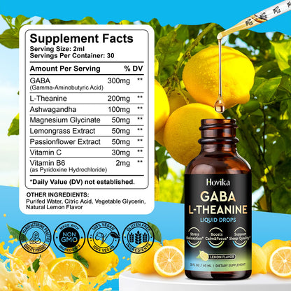 Hovika 2 Pack GABA L-Theanine Drops – Liquid GABA with L-Theanine, Magnesium Glycinate & Vitamin C | Lemon