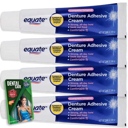Equate Denture Adhesive Cream 2.4 oz (68 g) 4-Pack + Vital Volumes Tips Card Bundle