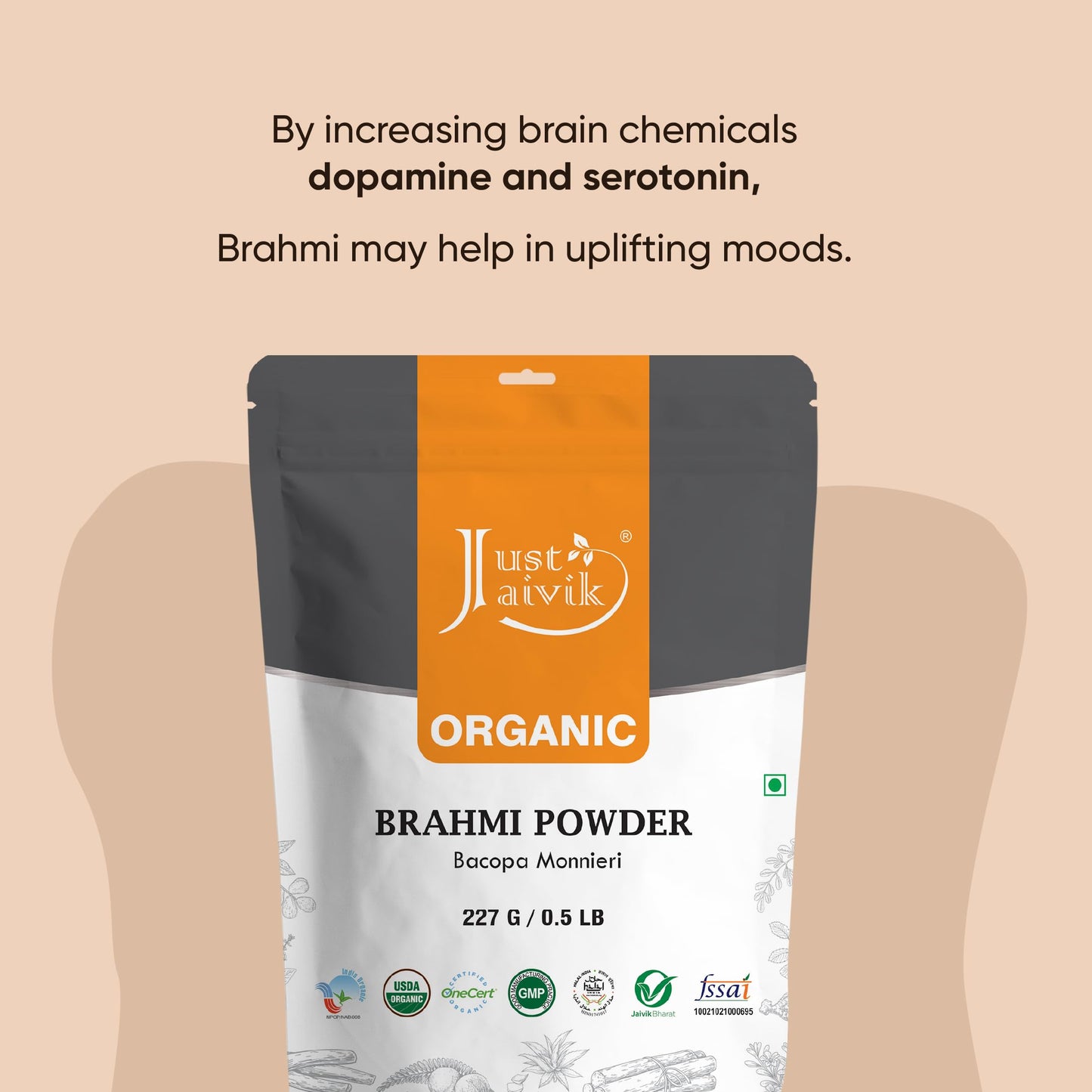 Just Jaivik Organic Brahmi Powder – Bacopa Monnieri, USDA Organic, 227 g