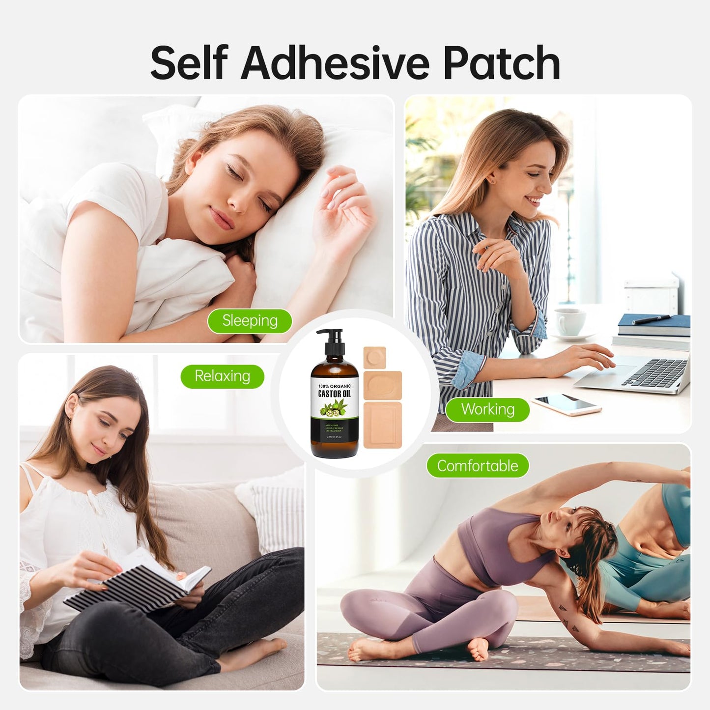 40 Pcs Castor Oil Pack Wrap – Self-Adhesive Patches + 8oz Organic Oil (237ml)