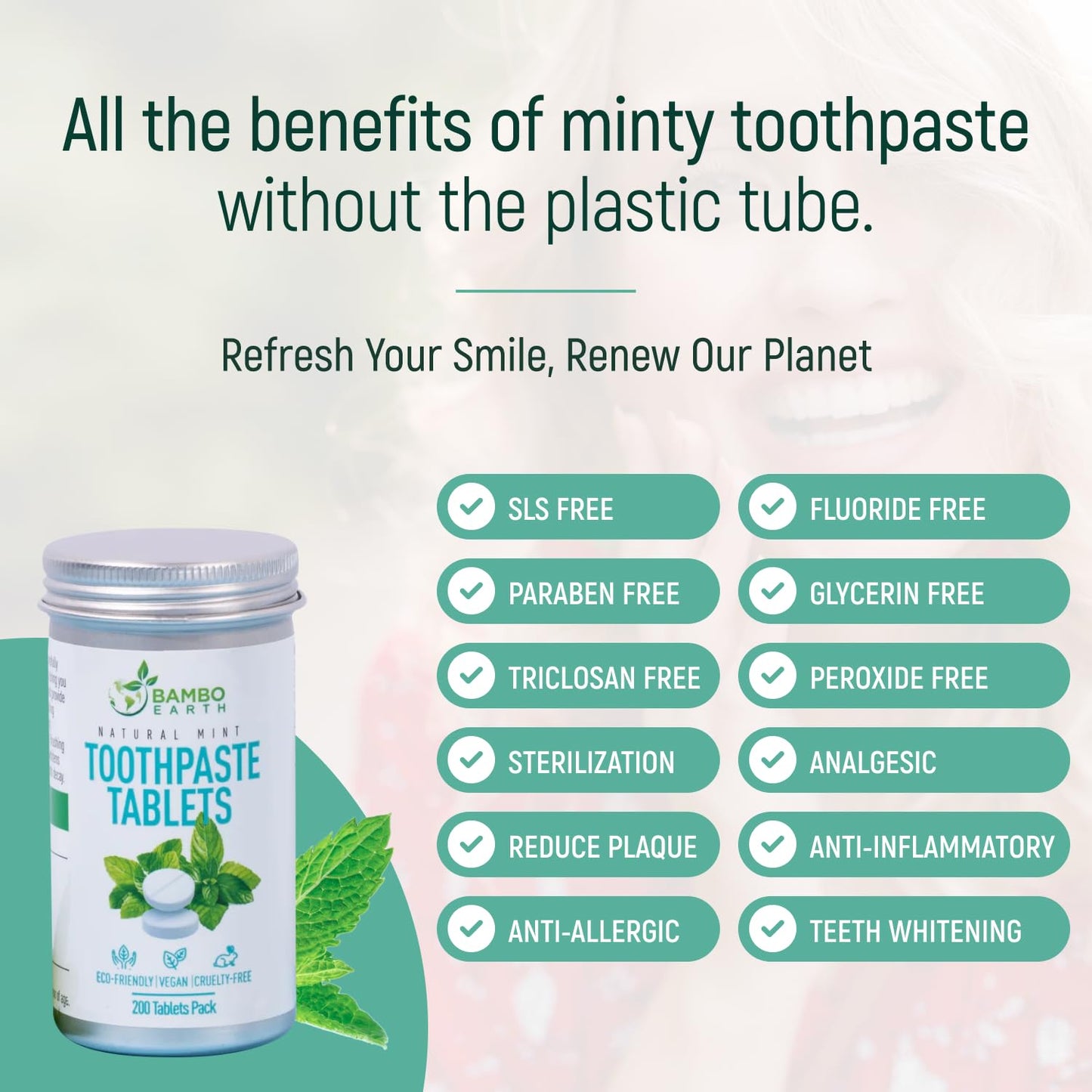 200 Pack Natural Toothpaste Tablet Bits – Mint & Activated Charcoal (Peppermint) – SLS & Fluoride Free