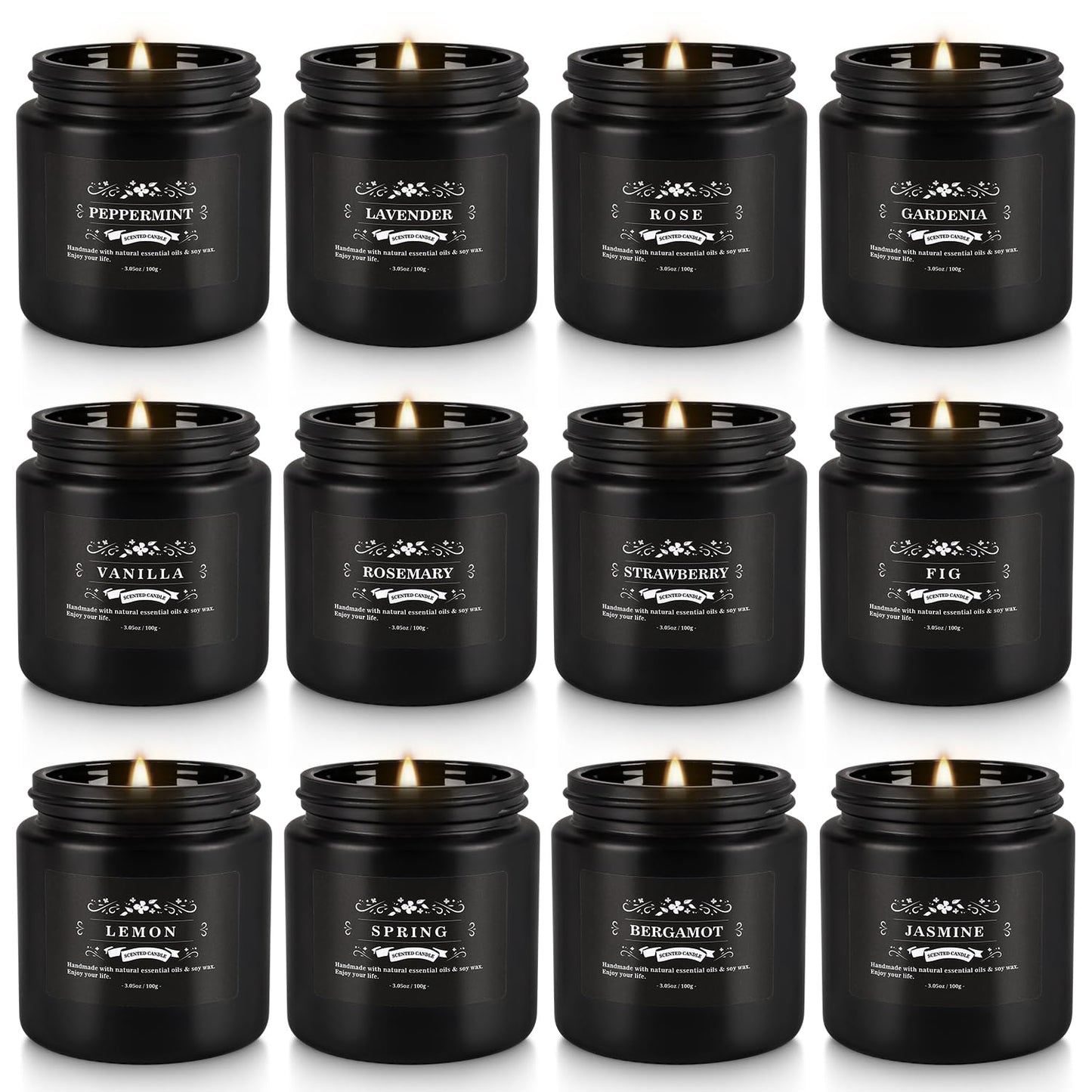 Howemon Scented Candle Set 12 Pack - Black Jar | Long-Lasting Soy Wax, Odor Elimination, Stress Relief Gift Set