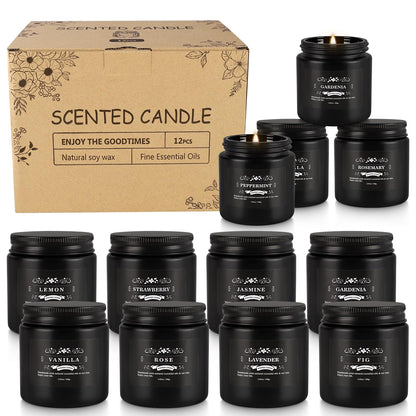 Howemon Scented Candle Set 12 Pack - Black Jar | Long-Lasting Soy Wax, Odor Elimination, Stress Relief Gift Set