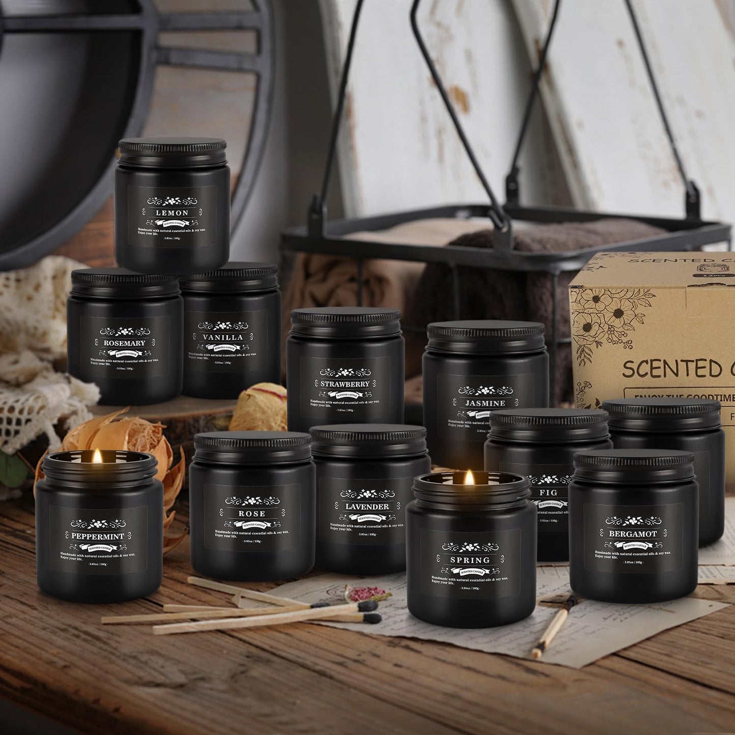 Howemon Scented Candle Set 12 Pack - Black Jar | Long-Lasting Soy Wax, Odor Elimination, Stress Relief Gift Set