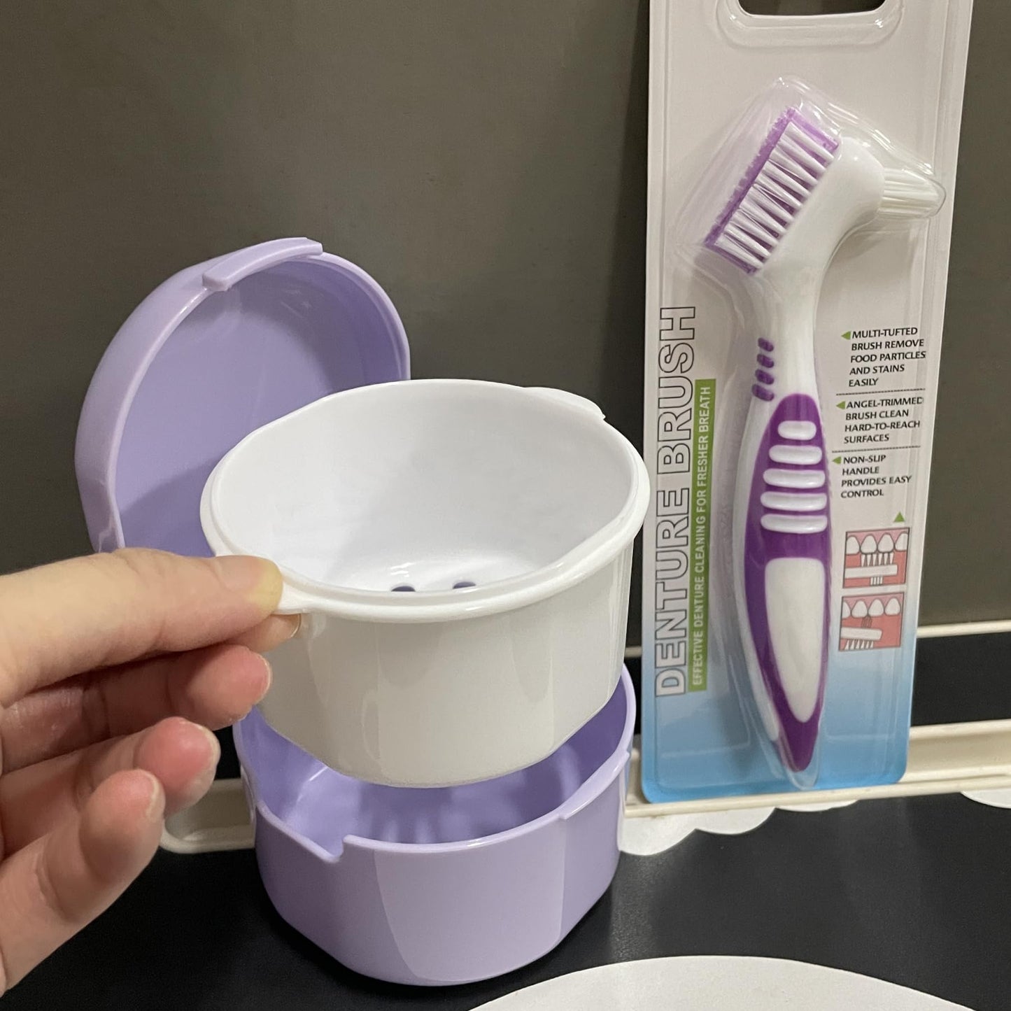 Howinn Denture Bath Case – Travel Cup with Strainer Basket (Purple)