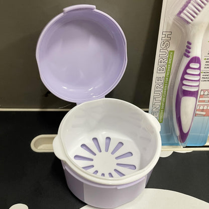 Howinn Denture Bath Case – Travel Cup with Strainer Basket (Purple)