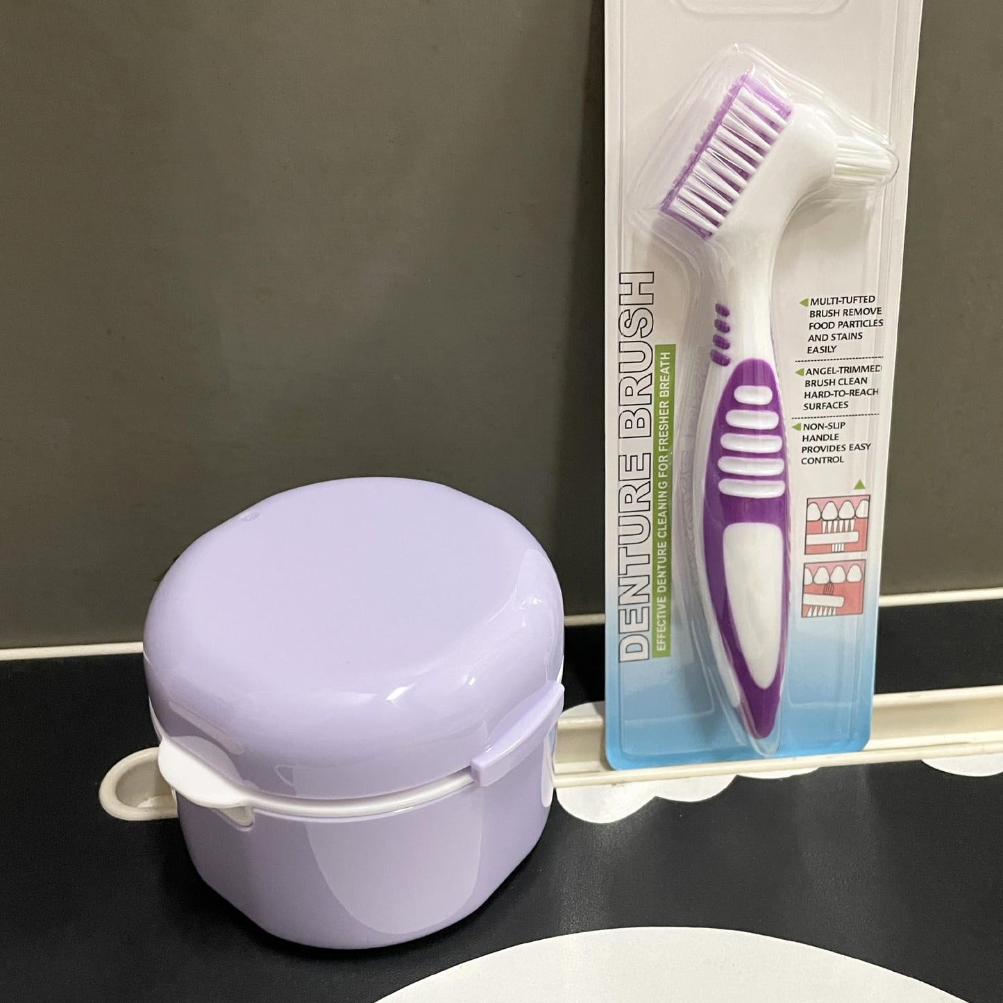Howinn Denture Bath Case – Travel Cup with Strainer Basket (Purple)