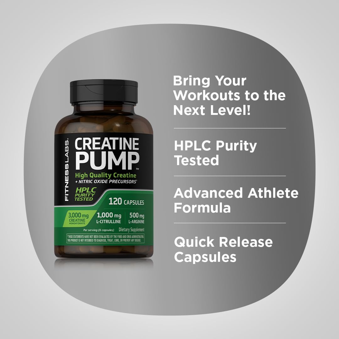 Fitness Labs Creatine Capsules | 120 Count, 3000mg Creatine Monohydrate, Pump & NO Precursor | HPLC Tested | Non-GMO