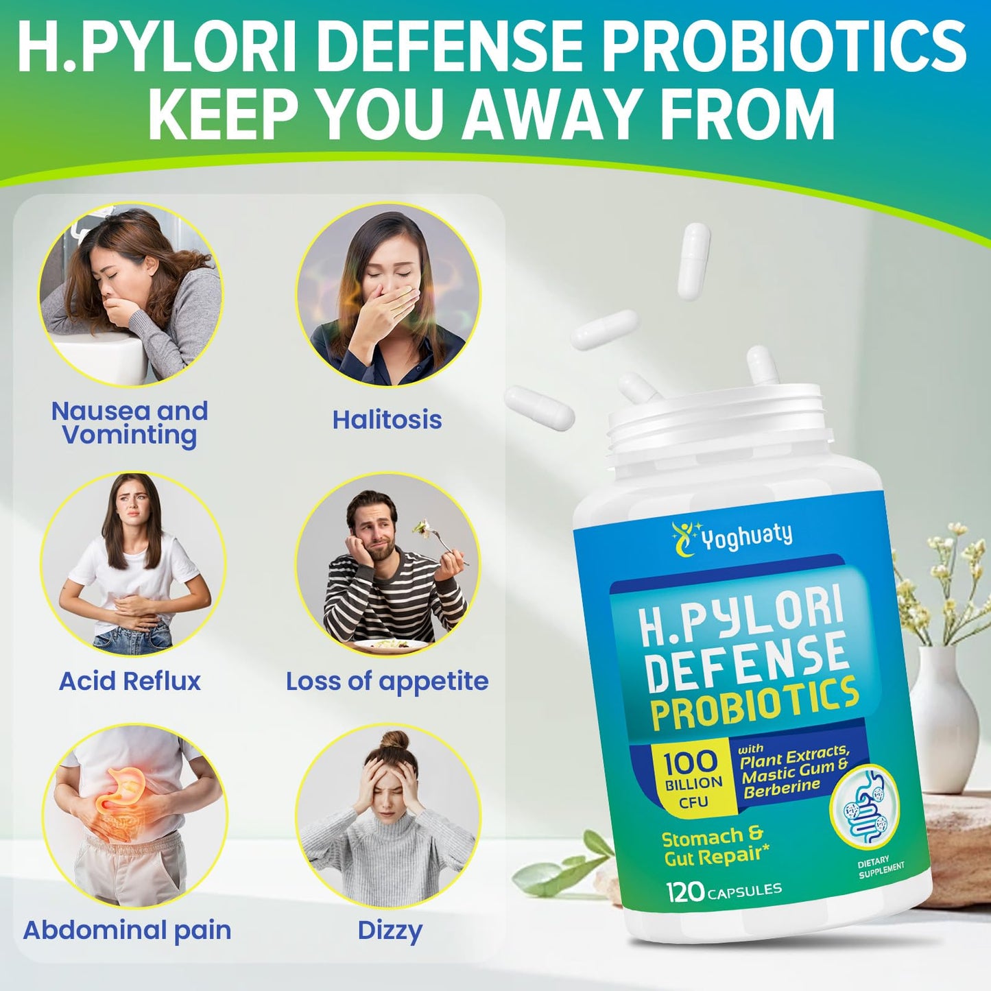H. Pylori Defense Probiotics 100B CFU – 12 Strains, Mastic Gum, Berberine, Zinc Carnosine | 120 Capsules