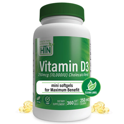 Health Thru Nutrition Vitamin D3 10,000 IU – 360 Mini Softgels | Immune Health Support