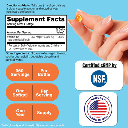 Health Thru Nutrition Vitamin D3 10,000 IU – 360 Mini Softgels | Immune Health Support
