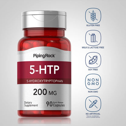 Piping Rock 5-HTP Supplement | 200mg | 90 Capsules | 5-Hydroxytryptophan | Griffonia Simplicifolia Extract | Non-GMO, Gluten Free