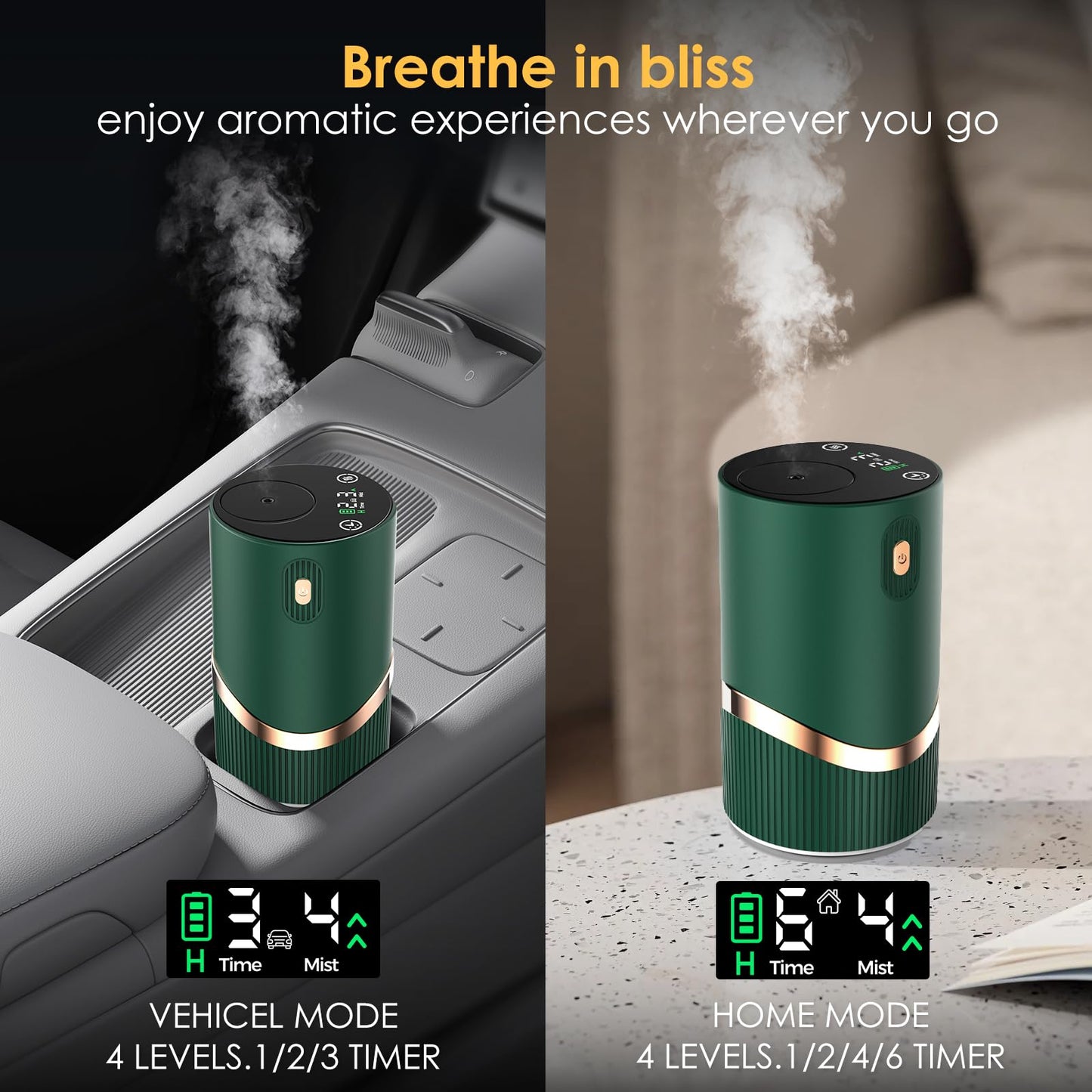 Huachuang Waterless Diffuser – Rechargeable Portable Aromatherapy for Car & Home, 4 Mist Levels, 72h Battery