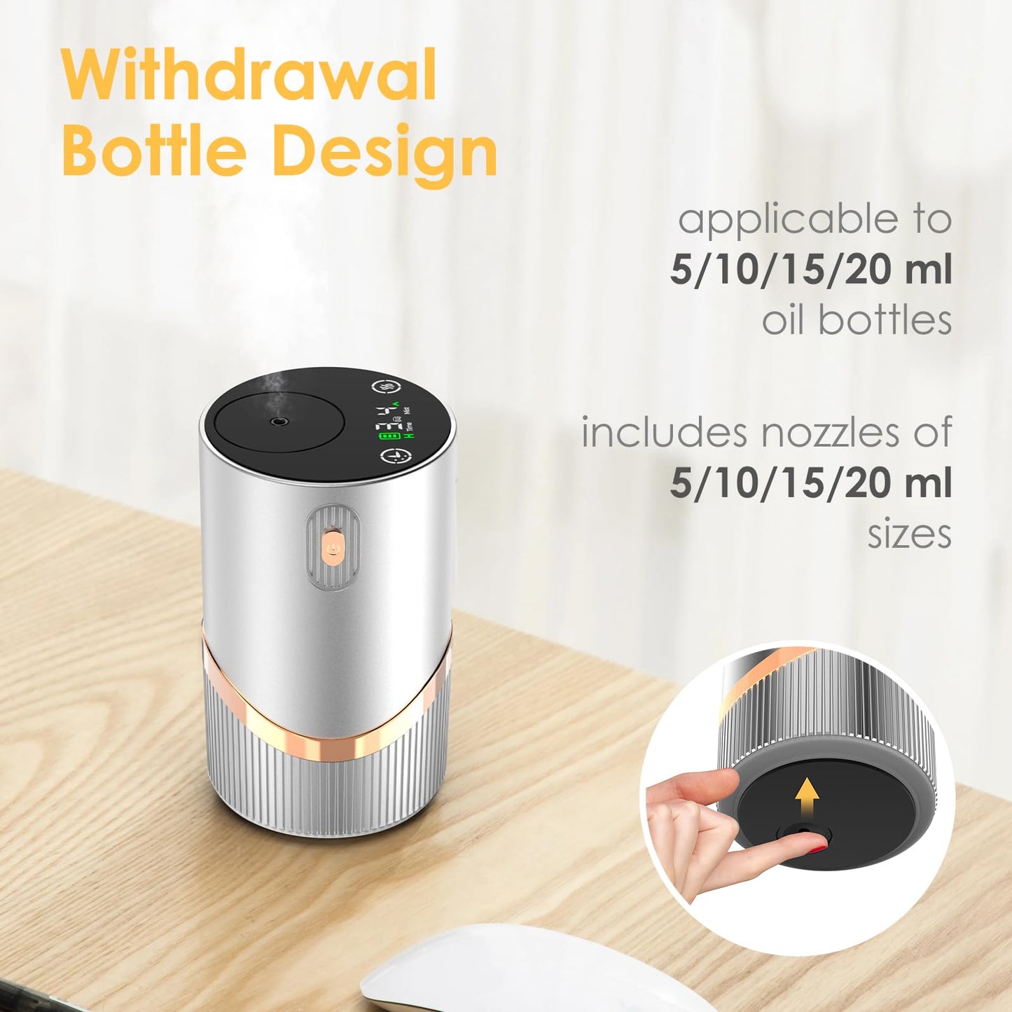 Huachuang Waterless Nebulizing Diffuser (Silver) – Portable Car & Home Aromatherapy, 4 Mist Levels