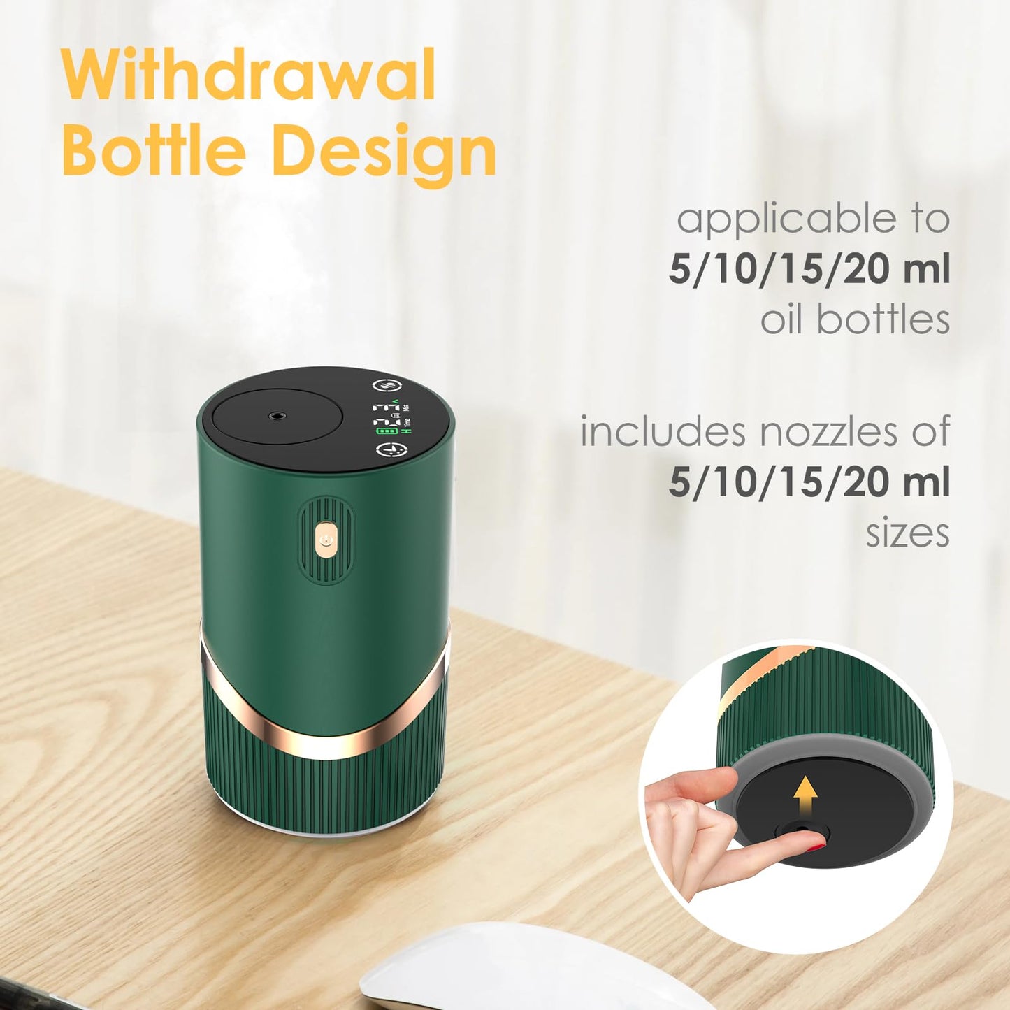 Huachuang Waterless Diffuser – Rechargeable Portable Aromatherapy for Car & Home, 4 Mist Levels, 72h Battery