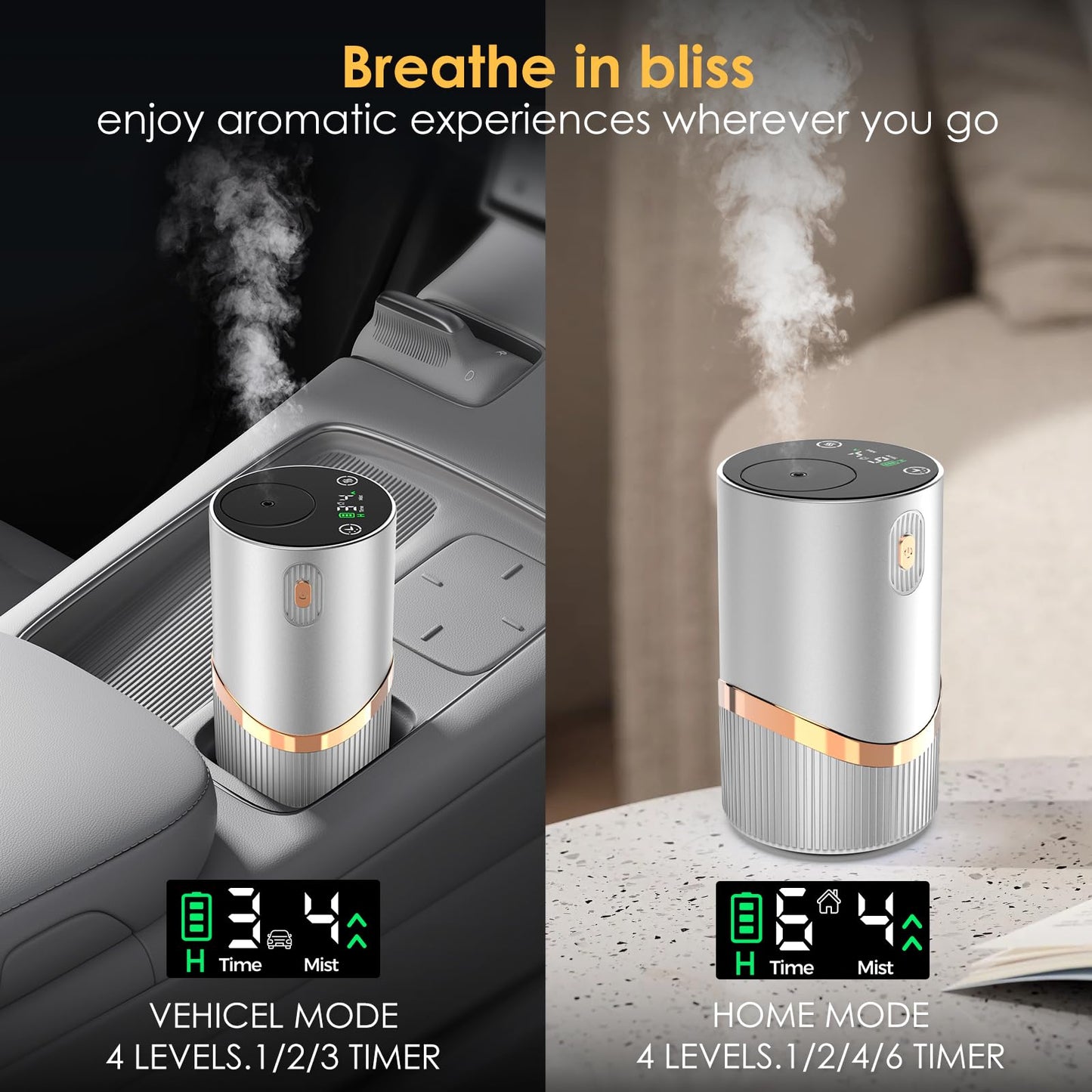 Huachuang Waterless Nebulizing Diffuser (Silver) – Portable Car & Home Aromatherapy, 4 Mist Levels