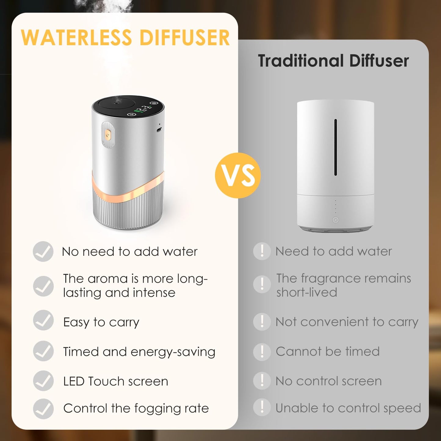 Huachuang Waterless Nebulizing Diffuser (Silver) – Portable Car & Home Aromatherapy, 4 Mist Levels
