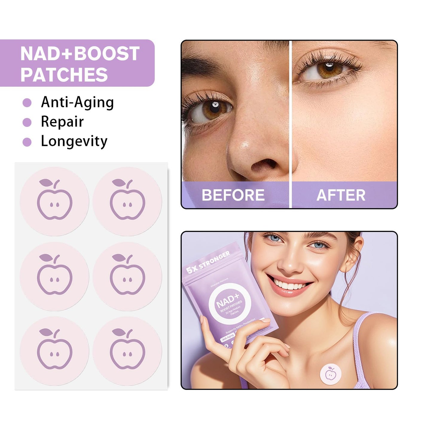 huangirl NAD+ Patches | NAD 60 Patches for Women | 8-Hr Time-Release Wellness Patch with NMNH, Resveratrol, Nicotinamide Riboside, NAC, Hyaluronic Acid, CoQ10 | Enhanced Absorption