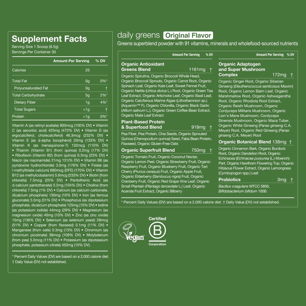 Huel Daily Greens | Superfood Greens Powder with 91 Vitamins & Minerals, Probiotics, Adaptogens | 30 Servings