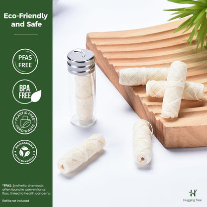 HUGGING TREE Natural Silk Dental Floss with Glass Dispenser – PFAS Free, Zero Waste Mint (33 Yards)