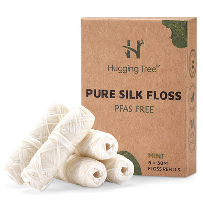 Hugging Tree Natural Silk Dental Floss Refills – PFAS-Free, Zero-Waste Mint (5 Pack, 33 Yards Each)