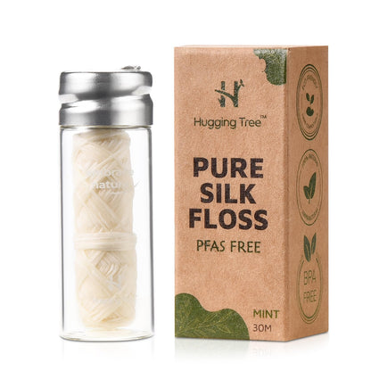 HUGGING TREE Natural Silk Dental Floss with Glass Dispenser – PFAS Free, Zero Waste Mint (33 Yards)