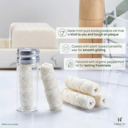 HUGGING TREE Natural Silk Dental Floss with Glass Dispenser – PFAS Free, Zero Waste Mint (33 Yards)