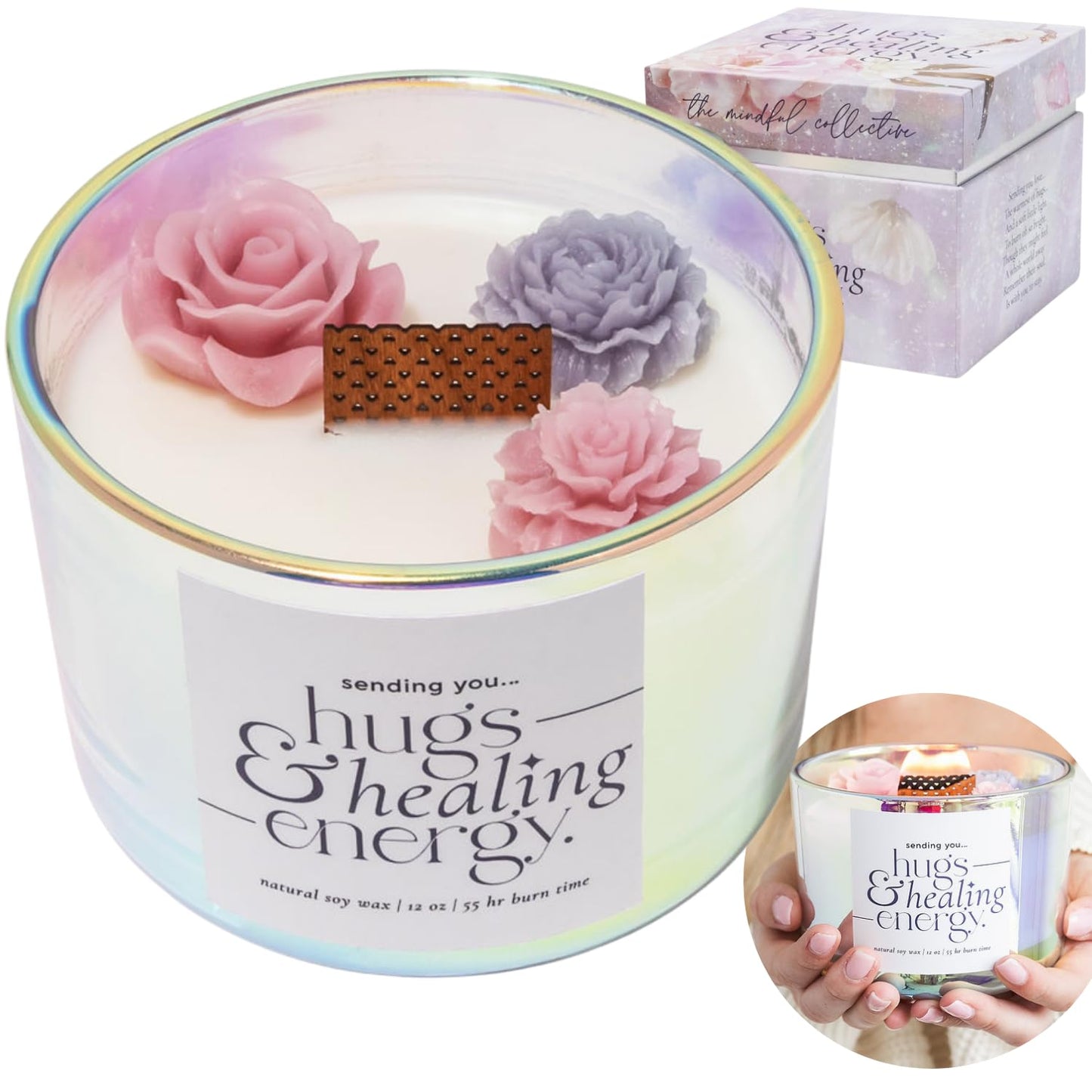 Hugs and Healing Energy Sympathy Candle – 12oz Soy Wax, Wooden Wick, Iridescent Glass Jar Memorial Gift