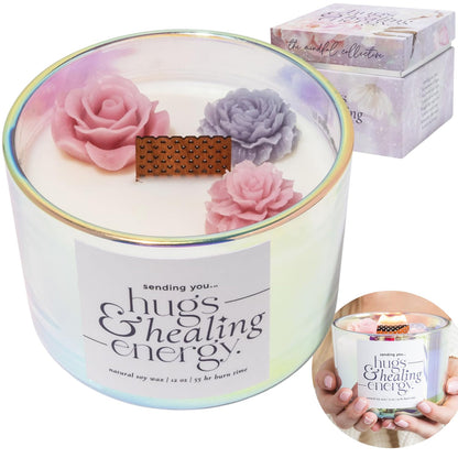 Hugs and Healing Energy Sympathy Candle – 12oz Soy Wax, Wooden Wick, Iridescent Glass Jar Memorial Gift